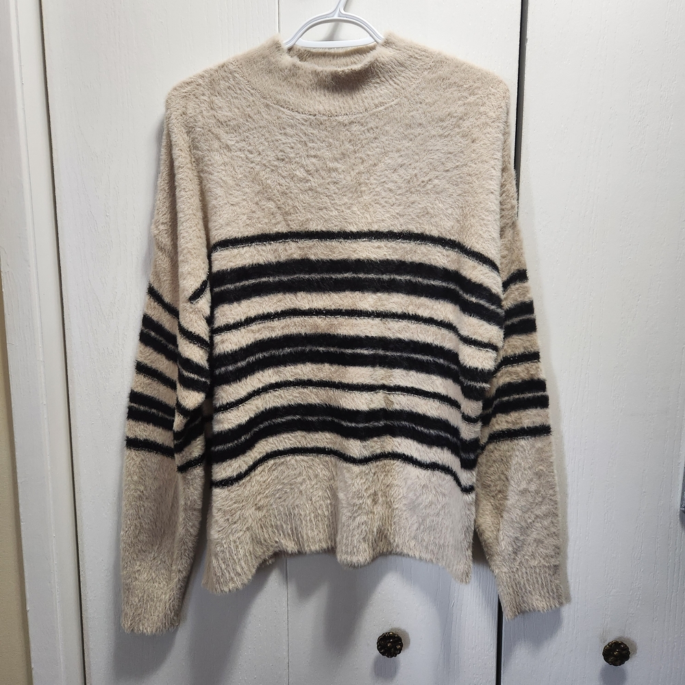 Laura Fuzzy Beige Sweater With Metallic Stripes